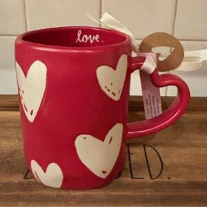 Rae Dunn “love” red mug with heart handle & hearts all around.